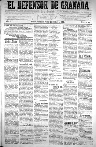 'El Defensor de Granada  : diario político independiente' - Año XIX Número 10117 1ª ed. - 1898 Mayo 26