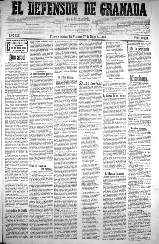 'El Defensor de Granada  : diario político independiente' - Año XIX Número 10118 1ª ed. - 1898 Mayo 27