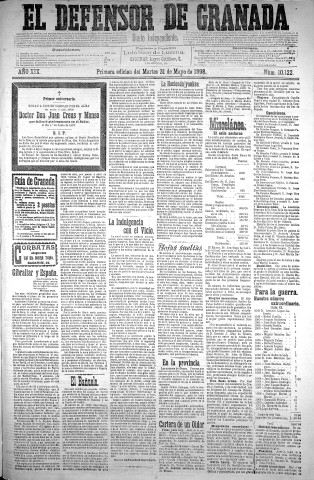 'El Defensor de Granada  : diario político independiente' - Año XIX Número 10122 1ª ed. - 1898 Mayo 31