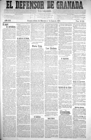 'El Defensor de Granada  : diario político independiente' - Año XIX Número 10123 1ª ed. - 1898 Junio 01