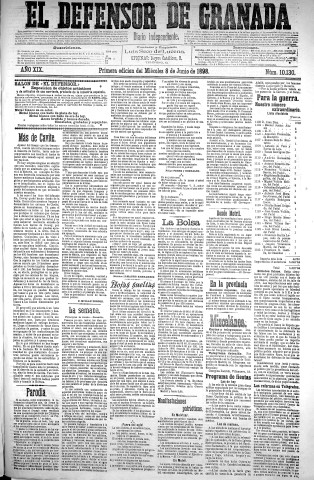'El Defensor de Granada  : diario político independiente' - Año XIX Número 10130 1ª ed. - 1898 Junio 08
