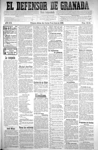 'El Defensor de Granada  : diario político independiente' - Año XIX Número 10131 1ª ed. - 1898 Junio 09