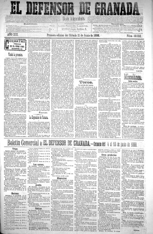 'El Defensor de Granada  : diario político independiente' - Año XIX Número 10132 1ª ed. - 1898 Junio 11