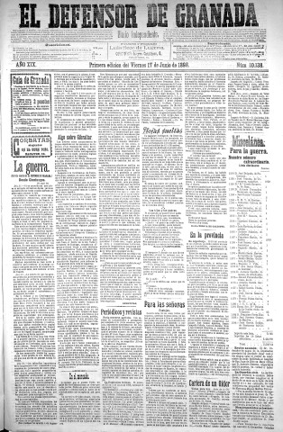 'El Defensor de Granada  : diario político independiente' - Año XIX Número 10138 1ª ed. - 1898 Junio 17