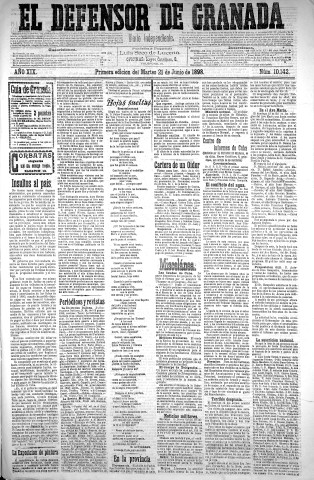 'El Defensor de Granada  : diario político independiente' - Año XIX Número 10142 1ª ed. - 1898 Junio 21