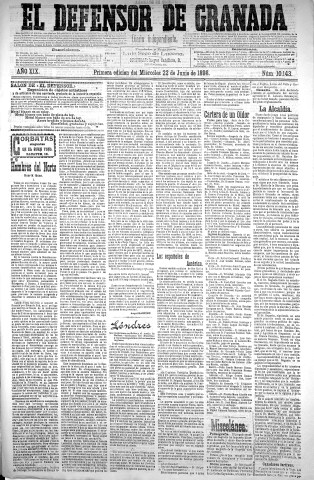 'El Defensor de Granada  : diario político independiente' - Año XIX Número 10143 1ª ed. - 1898 Junio 22