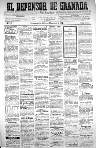 'El Defensor de Granada  : diario político independiente' - Año XIX Número 10148 1ª ed. - 1898 Junio 27