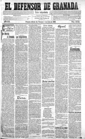 'El Defensor de Granada  : diario político independiente' - Año XIX Número 10152 1ª ed. - 1898 Julio 01