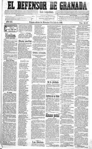 'El Defensor de Granada  : diario político independiente' - Año XIX Número 10157 1ª ed. - 1898 Julio 06