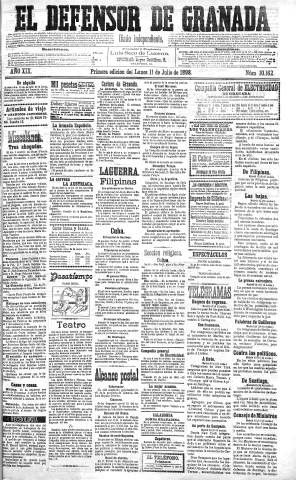 'El Defensor de Granada  : diario político independiente' - Año XIX Número 10162 1ª ed. - 1898 Julio 11