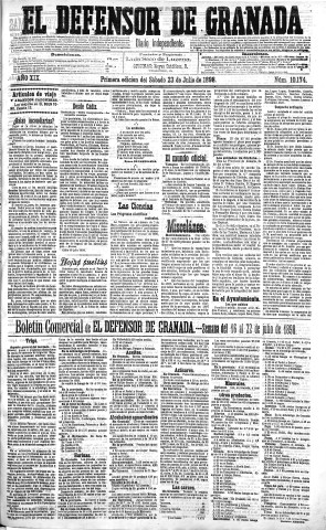 'El Defensor de Granada  : diario político independiente' - Año XIX Número 10174 1ª ed. - 1898 Julio 23