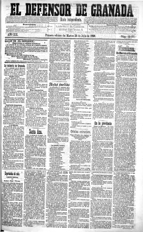 'El Defensor de Granada  : diario político independiente' - Año XIX Número 10177 1ª ed. - 1898 Julio 26