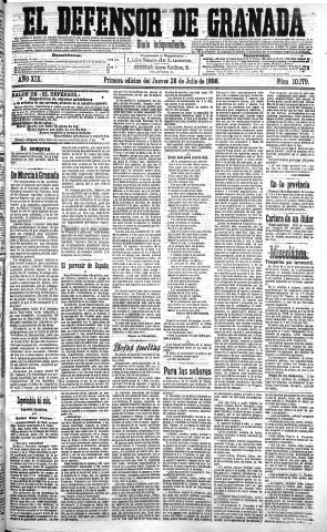 'El Defensor de Granada  : diario político independiente' - Año XIX Número 10179 1ª ed. - 1898 Julio 28