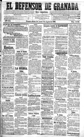 'El Defensor de Granada  : diario político independiente' - Año XIX Número 10190 1ª ed. - 1898 Agosto 08