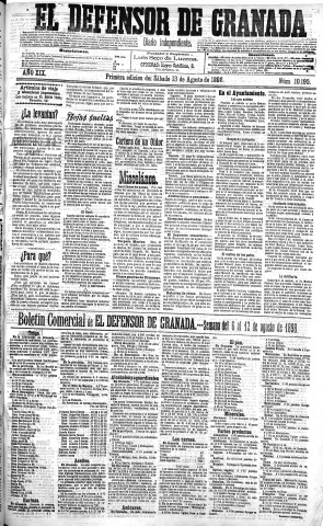 'El Defensor de Granada  : diario político independiente' - Año XIX Número 10195 1ª ed. - 1898 Agosto 13