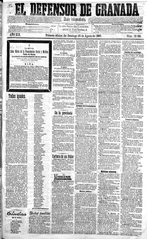 'El Defensor de Granada  : diario político independiente' - Año XIX Número 10196 1ª ed. - 1898 Agosto 14