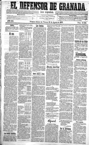 'El Defensor de Granada  : diario político independiente' - Año XIX Número 10208 1ª ed. - 1898 Agosto 26