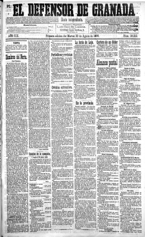 'El Defensor de Granada  : diario político independiente' - Año XIX Número 10212 1ª ed. - 1898 Agosto 30