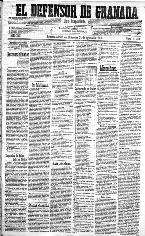 'El Defensor de Granada  : diario político independiente' - Año XIX Número 10213 1ª ed. - 1898 Agosto 31