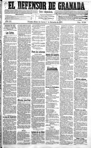 'El Defensor de Granada  : diario político independiente' - Año XIX Número 10214 1ª ed. - 1898 Septiembre 01
