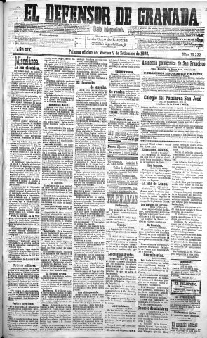 'El Defensor de Granada  : diario político independiente' - Año XIX Número 10222 1ª ed. - 1898 Septiembre 09