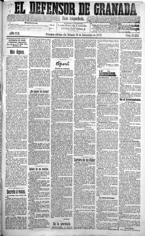 'El Defensor de Granada  : diario político independiente' - Año XIX Número 10223 1ª ed. - 1898 Septiembre 10