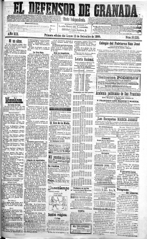 'El Defensor de Granada  : diario político independiente' - Año XIX Número 10225 1ª ed. - 1898 Septiembre 12