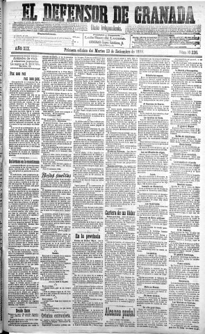 'El Defensor de Granada  : diario político independiente' - Año XIX Número 10226 1ª ed. - 1898 Septiembre 13