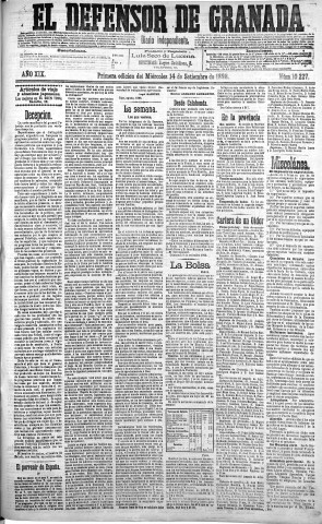 'El Defensor de Granada  : diario político independiente' - Año XIX Número 10227 1ª ed. - 1898 Septiembre 14