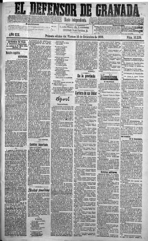'El Defensor de Granada  : diario político independiente' - Año XIX Número 10229 1ª ed. - 1898 Septiembre 16