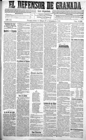 'El Defensor de Granada  : diario político independiente' - Año XIX Número 10230 1ª ed. - 1898 Septiembre 17