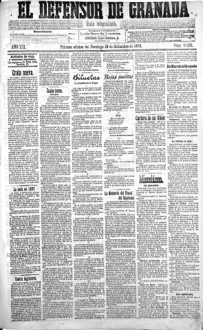 'El Defensor de Granada  : diario político independiente' - Año XIX Número 10231 1ª ed. - 1898 Septiembre 18