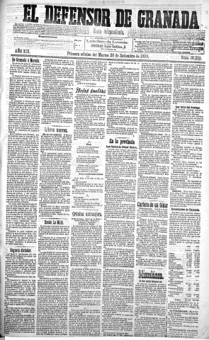 'El Defensor de Granada  : diario político independiente' - Año XIX Número 10233 1ª ed. - 1898 Septiembre 20