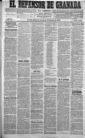 'El Defensor de Granada  : diario político independiente' - Año XIX Número 10235 1ª ed. - 1898 Septiembre 22