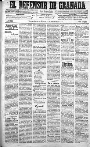 'El Defensor de Granada  : diario político independiente' - Año XIX Número 10236 1ª ed. - 1898 Septiembre 23