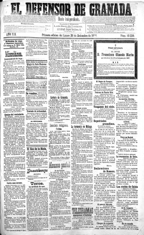 'El Defensor de Granada  : diario político independiente' - Año XIX Número 10239 1ª ed. - 1898 Septiembre 26