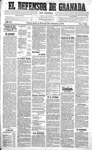 'El Defensor de Granada  : diario político independiente' - Año XIX Número 10241 1ª ed. - 1898 Septiembre 28