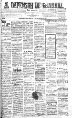 'El Defensor de Granada  : diario político independiente' - Año XIX Número 10243 1ª ed. - 1898 Septiembre 30