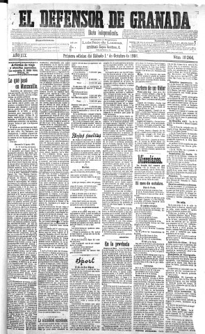 'El Defensor de Granada  : diario político independiente' - Año XIX Número 10244 1ª ed. - 1898 Octubre 01