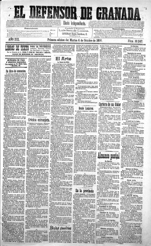 'El Defensor de Granada  : diario político independiente' - Año XIX Número 10247 1ª ed. - 1898 Octubre 04