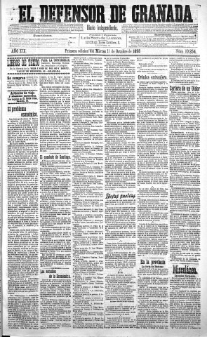'El Defensor de Granada  : diario político independiente' - Año XIX Número 10254 1ª ed. - 1898 Octubre 11