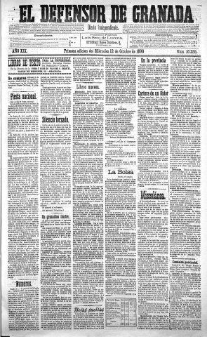 'El Defensor de Granada  : diario político independiente' - Año XIX Número 10255 1ª ed. - 1898 Octubre 12