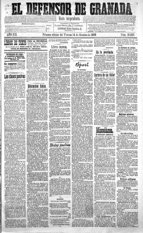 'El Defensor de Granada  : diario político independiente' - Año XIX Número 10257 1ª ed. - 1898 Octubre 14