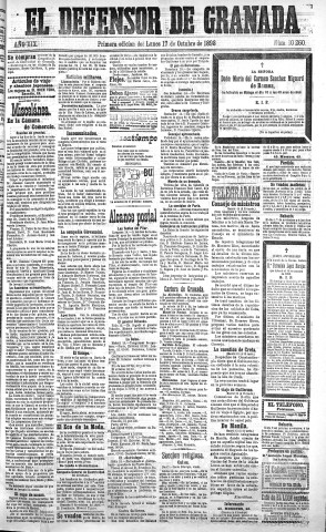'El Defensor de Granada  : diario político independiente' - Año XIX Número 10260 1ª ed. - 1898 Octubre 17