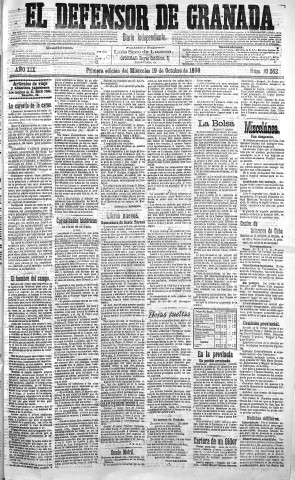 'El Defensor de Granada  : diario político independiente' - Año XIX Número 10262 1ª ed. - 1898 Octubre 19