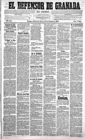 'El Defensor de Granada  : diario político independiente' - Año XIX Número 10265 1ª ed. - 1898 Octubre 22