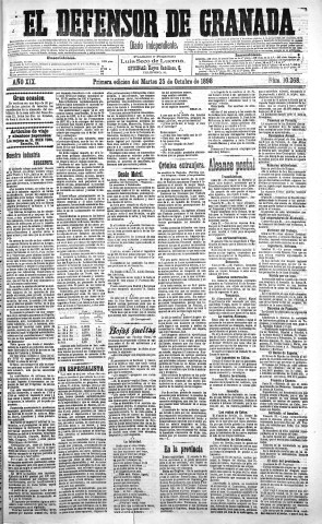 'El Defensor de Granada  : diario político independiente' - Año XIX Número 10268 1ª ed. - 1898 Octubre 25