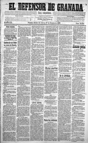 'El Defensor de Granada  : diario político independiente' - Año XIX Número 10270 1ª ed. - 1898 Octubre 27