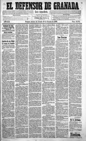 'El Defensor de Granada  : diario político independiente' - Año XIX Número 10272 1ª ed. - 1898 Octubre 29