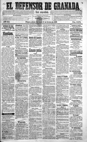 'El Defensor de Granada  : diario político independiente' - Año XIX Número 10274 1ª ed. - 1898 Octubre 31